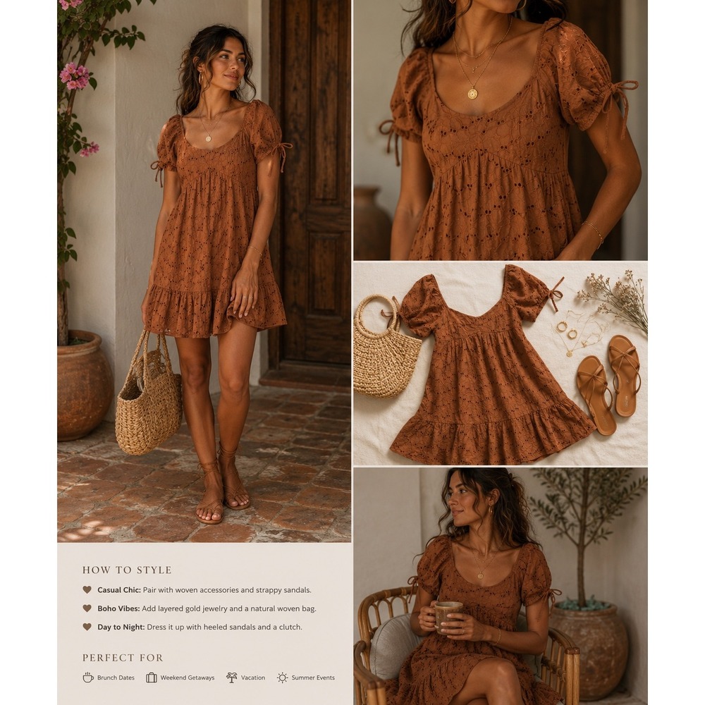 Lush Brown Eyelet Cotton Mini Dress Puff Sleeve Boho Babydoll DR97108E-I Small - Picture 2 of 10